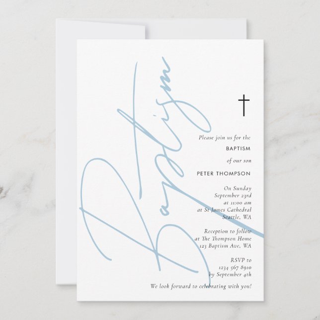Minimalist Blue Boy Script Baptism Christening Invitation (Front)