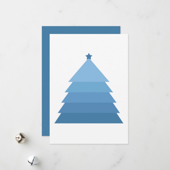 Minimalist Blue Christmas Tree Christmas Card (Front/Back In Situ)