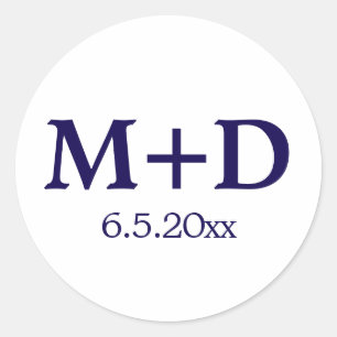 Minimalist Blue Couple Initials & Date Classic Round Sticker