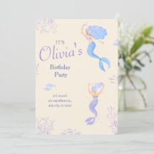Minimalist Blue & Cream Girl's Mermaid Birthday