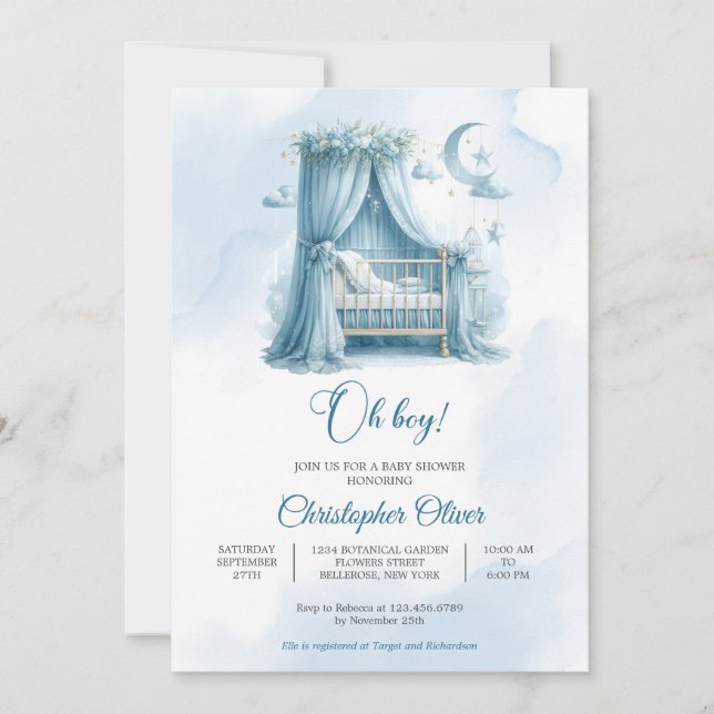 Minimalist blue crib modern script boy baby shower invitation (Front)