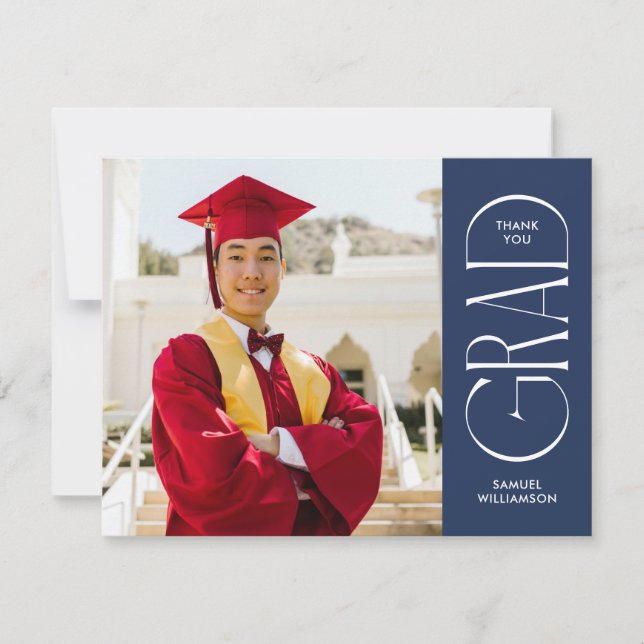 Minimalist Blue Double Sided Photo Graduation Thank You Card (Front)