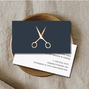 Minimalist Blue Faux Gold Scissors Hair Stylist Business Card