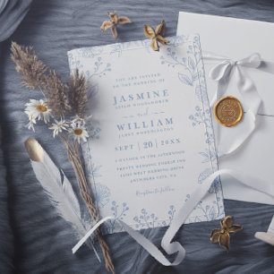 Minimalist Blue Floral Elegant Modern Chic Wedding Invitation