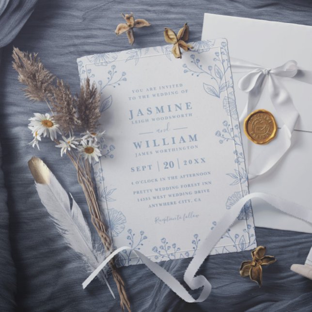 Minimalist Blue Floral Elegant QR Code Wedding Invitation (Creator Uploaded)