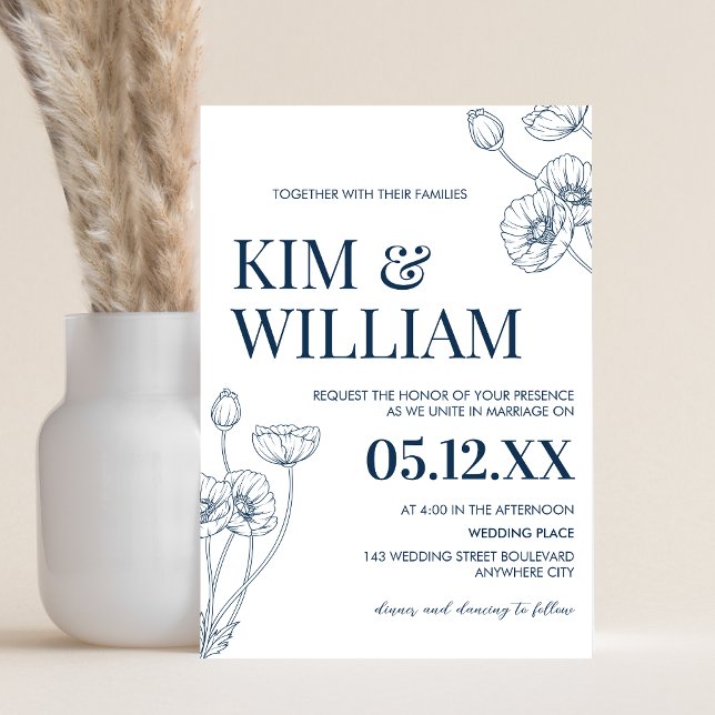 Minimalist Blue Floral Wedding Invitation (Blue Minimalist Floral Wedding Invitation)