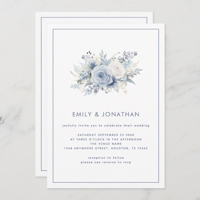Minimalist Blue Florals Line Border QR Wedding Invitation (Front/Back)