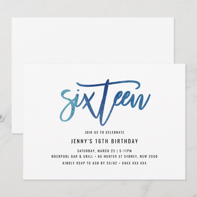 Minimalist Blue Foil 16th Birthday Invitation (Front/Back)