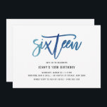 Minimalist Blue Foil 16th Birthday Invitation<br><div class="desc">This 16th birthday party invitation features an eye catching blue foil 'sixteen' text. Please note that the blue foil is a texture only, not real foil. For more advanced customisation of this design, e.g. changing layout, font or text size please click the "CUSTOMIZE" button above. Please contact me for any...</div>