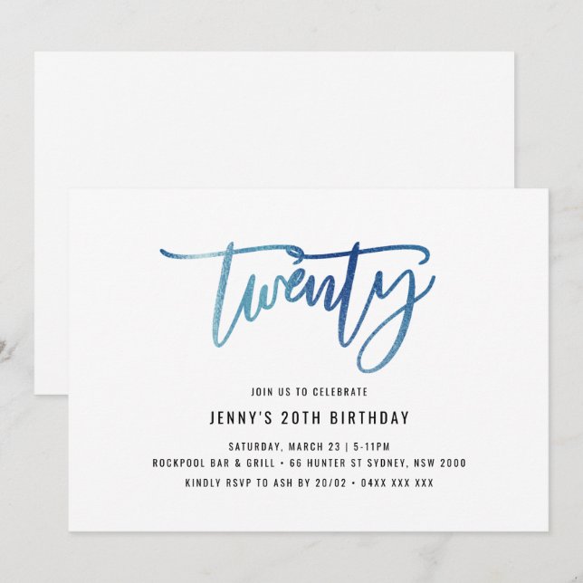 Minimalist Blue Foil 20th Birthday Invitation (Front/Back)