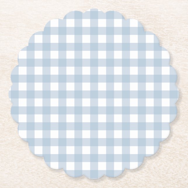 Minimalist Blue Gingham Plaid Pattern Paper Coaster (Front)