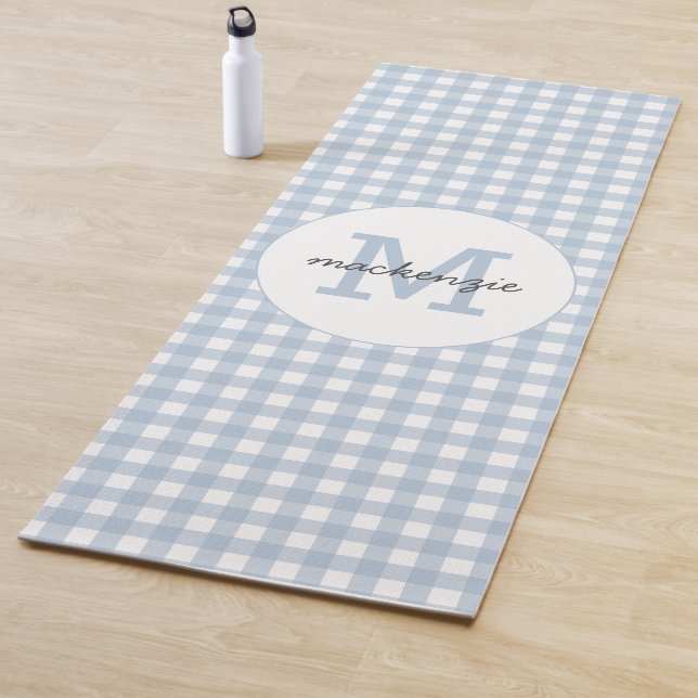 Minimalist Blue Gingham Plaid Pattern Personalized Yoga Mat (In Situ)