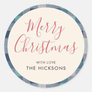 Minimalist Blue Gray Plaid Merry Christmas  Classic Round Sticker