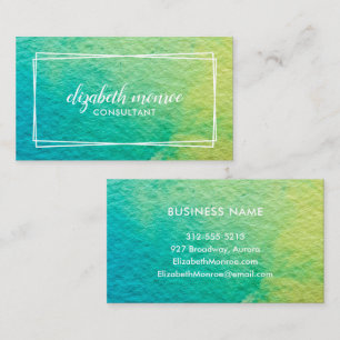 Minimalist Blue Green Abstract Watercolor Script Business Card