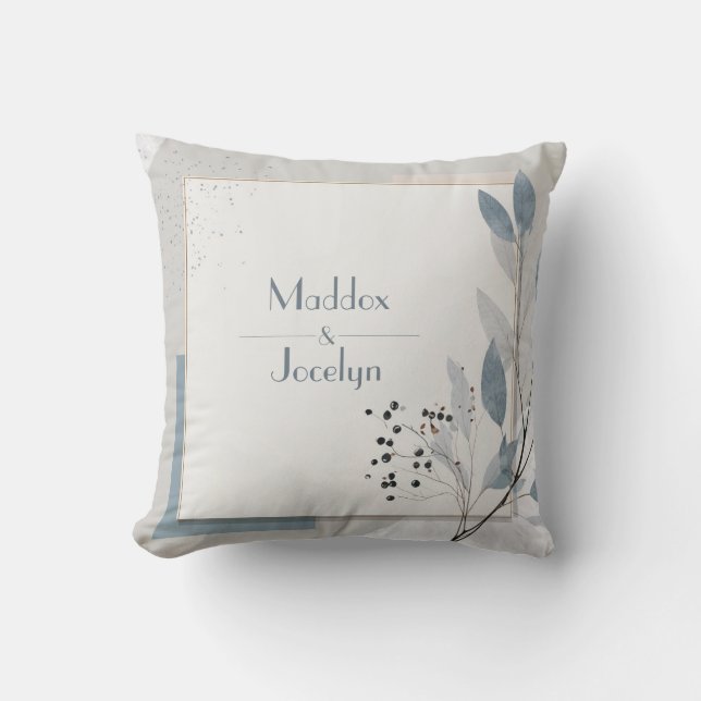 Minimalist Blue Grey Leaf Geometric Abstract Throw Pillow (Front)