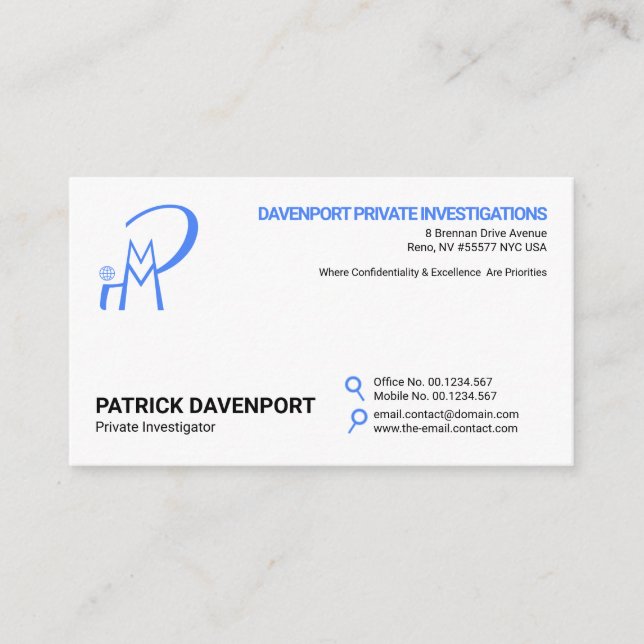 Minimalist Blue Magnifying Glass Buttons P I Business Card (Front)
