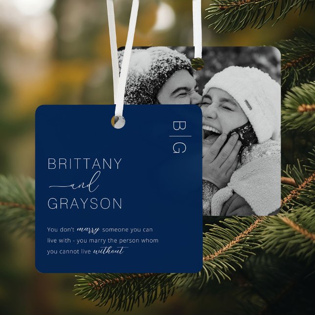 Minimalist Blue Married Photo Christmas Metal Ornament (Creator Uploaded)