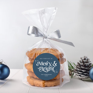 Minimalist Blue Merry & Bright Christmas Classic Round Sticker