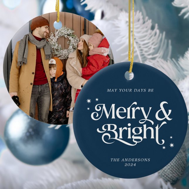 Minimalist Blue Merry & Bright Photo Christmas Ceramic Ornament (Mockup view)