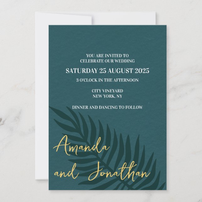 Minimalist  Blue Palm Leaf Wedding Invitation (Front)