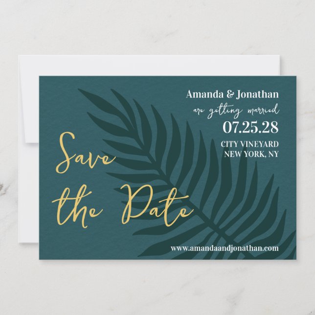 Minimalist Blue Palm Leaf Wedding Save the Date (Front)