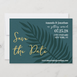 Minimalist Blue Palm Leaf Wedding Save the Date  Invitation