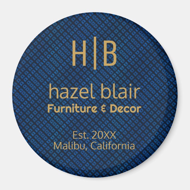 Minimalist Blue Pattern Gold Monogram Business Magnet (Front)