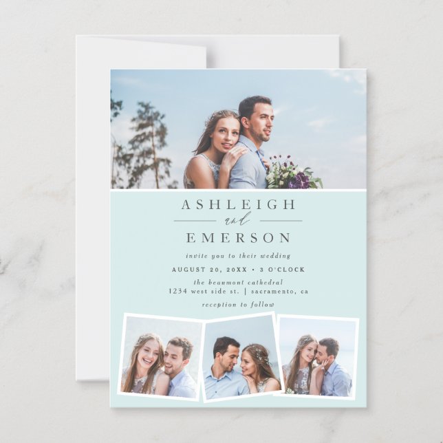 Minimalist Blue Photo Collage Wedding Magnetic Invitation (Front)