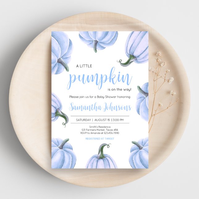Minimalist Blue Pumpkin Fall Baby Shower Invitation (Blue Pumpkin Baby Shower Invitation)