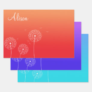 Minimalist Blue Purple Orange Dandelion Seed Name Wrapping Paper Sheet
