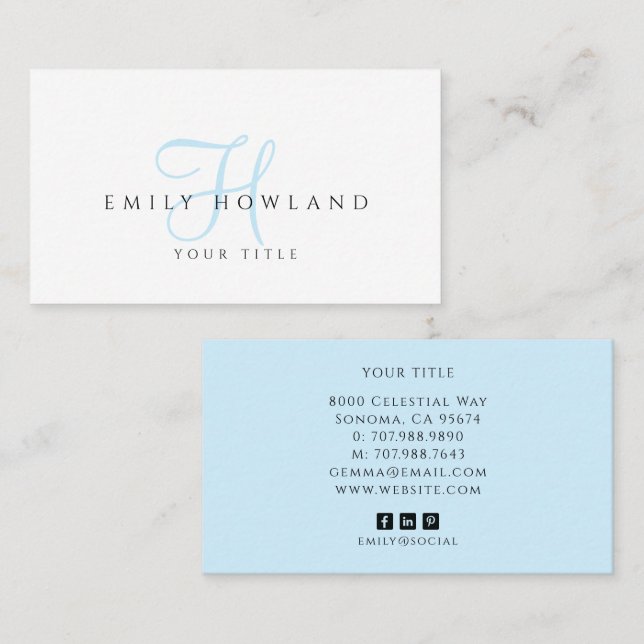Minimalist Blue Script Monogram Name  Business Card (Front/Back)