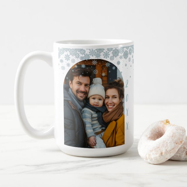 Minimalist Blue Snowflake Arched Photo Coffee Mug (With Donut)
