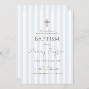 Minimalist Blue Stripe Cross Baptism Invitation