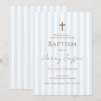 Minimalist Blue Stripe Cross Baptism Invitation