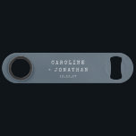 Minimalist Blue Typewriter Unique Wedding Favour Bar Key<br><div class="desc">Make your special day even more unforgettable with this personalized bottle opener, customized with your names and wedding date. This sleek, minimalistic bottle opener makes the perfect wedding favour or bridal shower gift. Lightweight and durable, it's both practical and stylish, offering your guests a lasting keepsake of your celebration. Whether...</div>