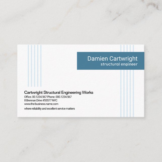 Minimalist Blue Vertical Lines Blue Tab Business Card (Front)