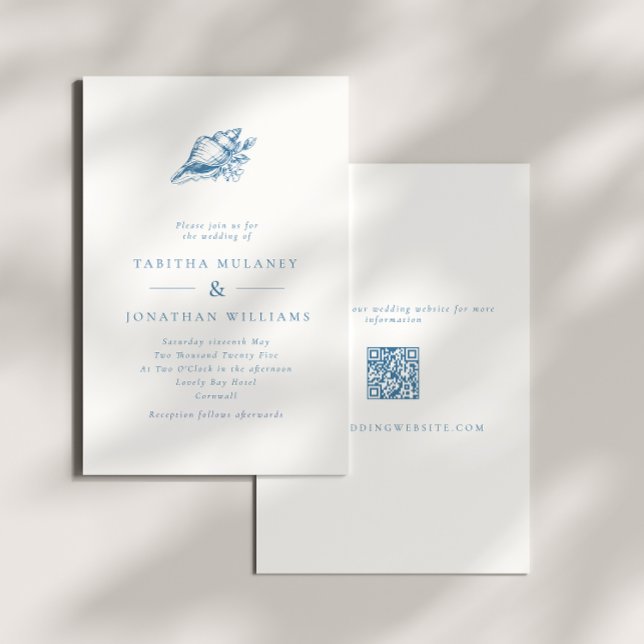 Minimalist Blue Vintage Seashell QR Code Wedding Invitation (Creator Uploaded)