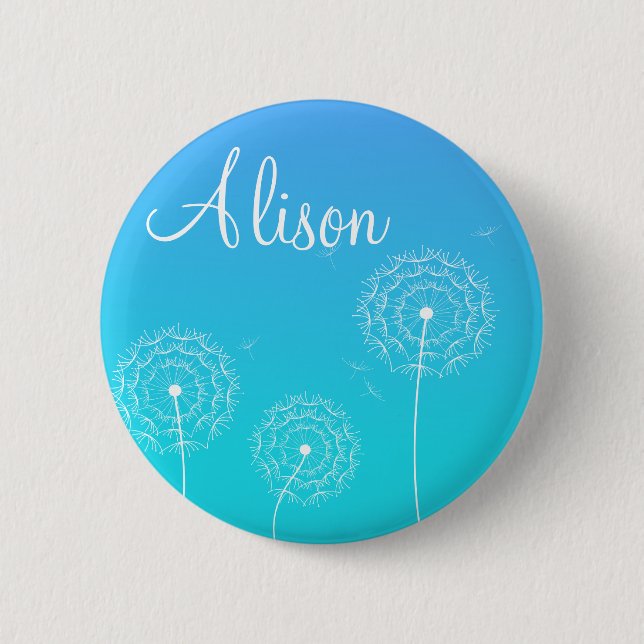 Minimalist Blue White Dandelion Flowers Name 2 Inch Round Button (Front)