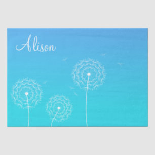 Minimalist Blue White Dandelion Name Cute Floral  Tissue Paper