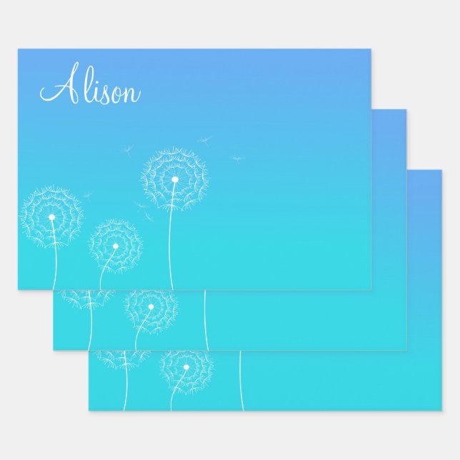 Minimalist Blue White Dandelion Name Cute Floral  Wrapping Paper Sheet (Set)
