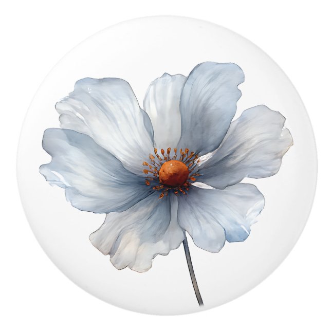 Minimalist Blue White Single Bloom Chic Floral Ceramic Knob (Front)