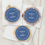 Minimalist Blue White Wedding Bride Groom Favour Classic Round Sticker<br><div class="desc">Simple, minimalist and chic Wedding design features bride & groom's names in a modern design with a double framed border in white on a classic blue background. The modern design is simple and chic. Personalize wedding details with your names in crisp white script. Be sure to see the collection link...</div>