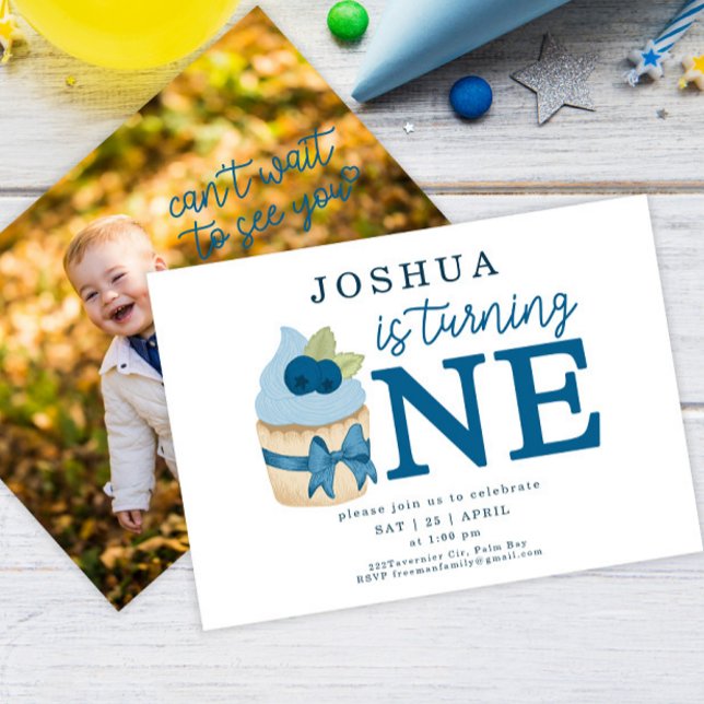 Minimalist Blueberry Cupcake First Birthday Party Invitation (Creator Uploaded)