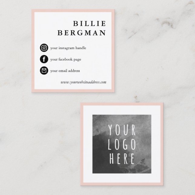 Minimalist Blush Black Social Media Your Logo Square Business Card (Front/Back)