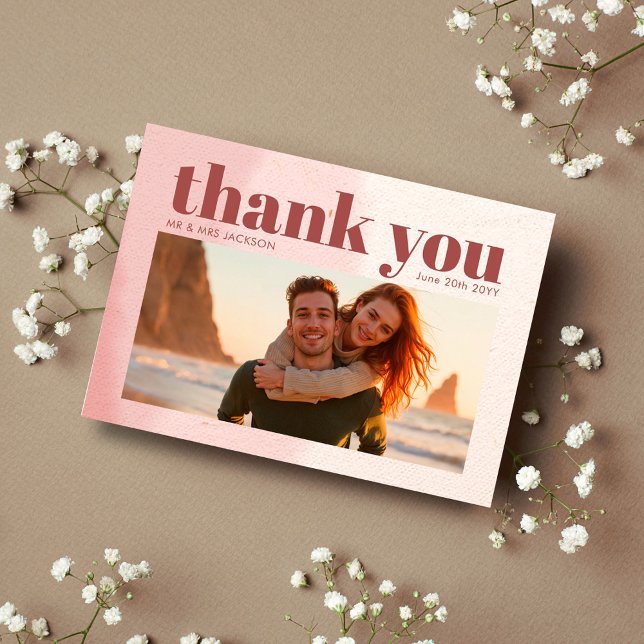 Minimalist Blush & Bloom Bold Script Photo Wedding Thank You Card (Creator Uploaded)