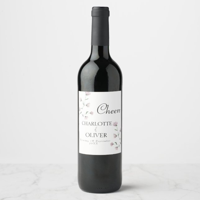 Minimalist Blush Floral Wedding Wine Bottle Labels (Front)