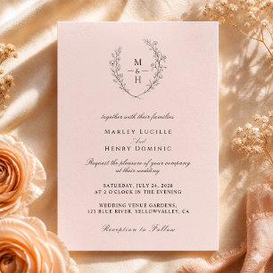 Minimalist Blush Pink Boho Monogram Wedding Invitation