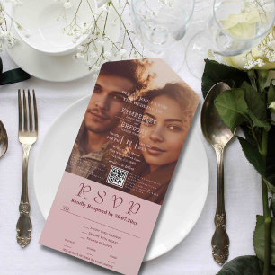 Minimalist Blush Pink BurgundyText Photo QR Code All In One Invitation