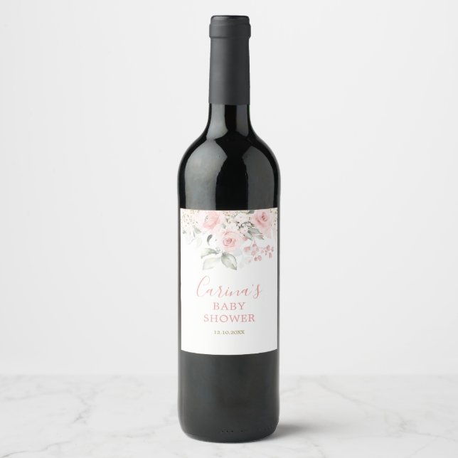 Minimalist Blush Pink Floral Baby Shower Wine Label (Front)