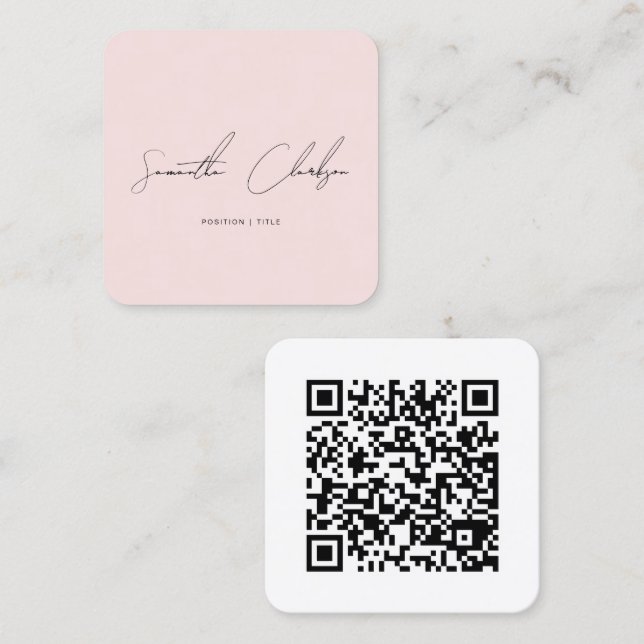 Minimalist Blush Pink Handwritten Script QR Code Square Business Card (Front/Back)
